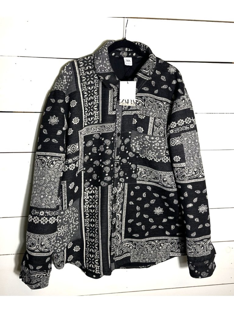 Zara Black & White Bandana Print Long Sleeve Button-Up Shirt Xl
